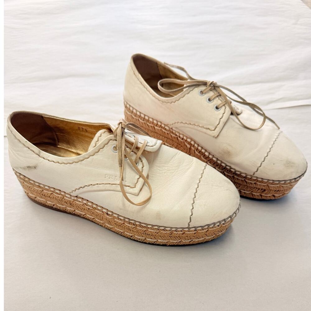 Prada 2024 Leather Platform Espadrilles EU 37.5 US 7.5 Off-White